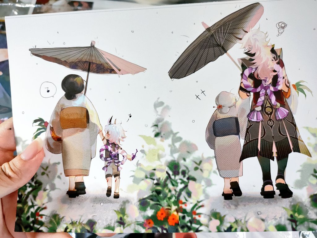 the image is a digital painting or illustration in an anime/manga style. it depicts two families, each consisting of a parent and a child, walking side by side.  the parents are wearing traditional japanese kimonos and carrying parasols. the children are smaller and also dressed in distinctive outfits.  they are walking through a garden or park that is lightly dusted with snow or falling petals, suggested by small white dots.  the background features flowering plants. the style is soft, cute, and charming. the overall impression is one of a peaceful, familyoriented scene. the image shows the characters from the back.