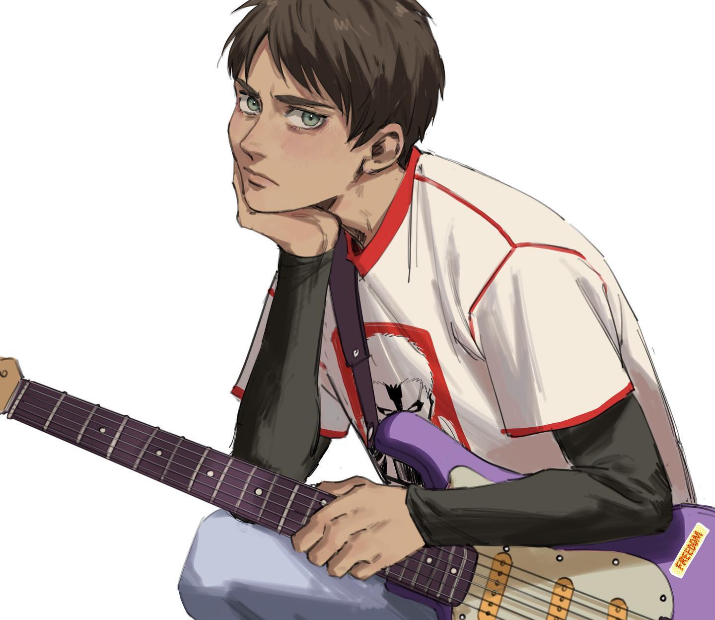 he image is a fanart of eren yeager from attack on titan. he's depicted in casual wear, holding a purple electric guitar, with a thoughtful expression on his face. he's wearing a white tshirt with the wings of freedom emblem and purple accents. the artwork has a soft color palette and is drawn in a semirealistic anime style.