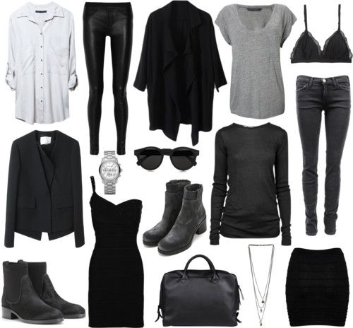 the image showcases a collection of clothes and accessories in black and grey colors. the clothing items include a white shirt, black leggings, a black cardigan, a grey tshirt, a black bralette, black jeans, a black blazer, a black dress, and a black skirt. accessories include a watch, sunglasses, black boots, a black purse, and a layered necklace.