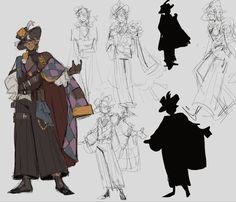 a digital sketch page of a character design, likely for a fantasy setting. the character, with brown skin and elaborate clothing, is presented in various poses and stages of completion. some figures are rough outlines while others are more detailed, showcasing the design process. the character appears to be holding a hat in their left hand and is dressed in a long coat, breeches, and boots. a sword hangs at their hip.  there are multiple sketches of the character, exploring different aspects of their design and pose.