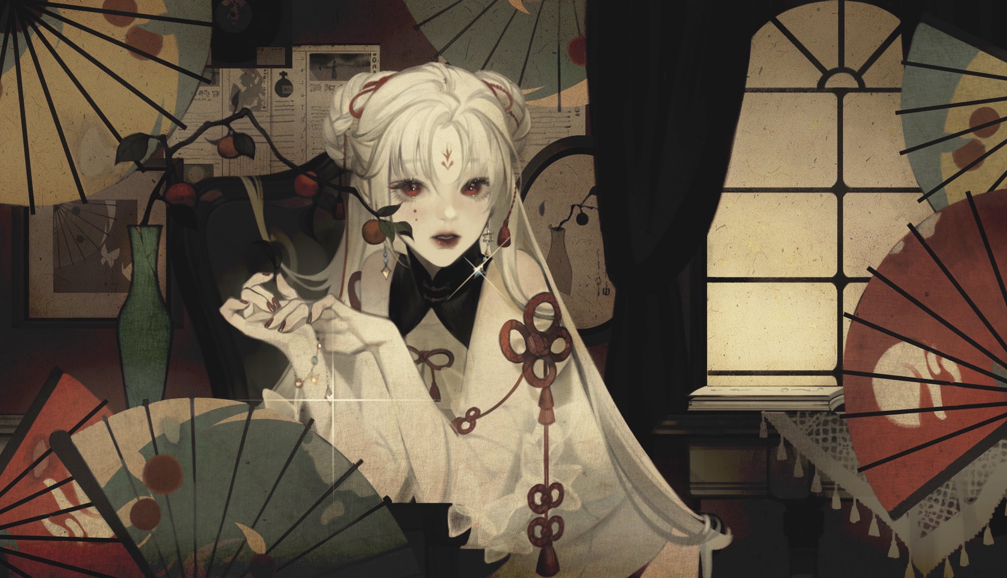 the image features a beautiful anime girl in a traditional japanese kimono. she has long white hair and red eyes. she is standing in a room with a window behind her, through which we can see a traditional japanese garden. the room is decorated with fans and other traditional japanese objects. the girl's expression is mysterious and alluring. she appears to be lost in thought. overall, the image is a beautiful and evocative piece of art that captures the beauty of japanese culture.