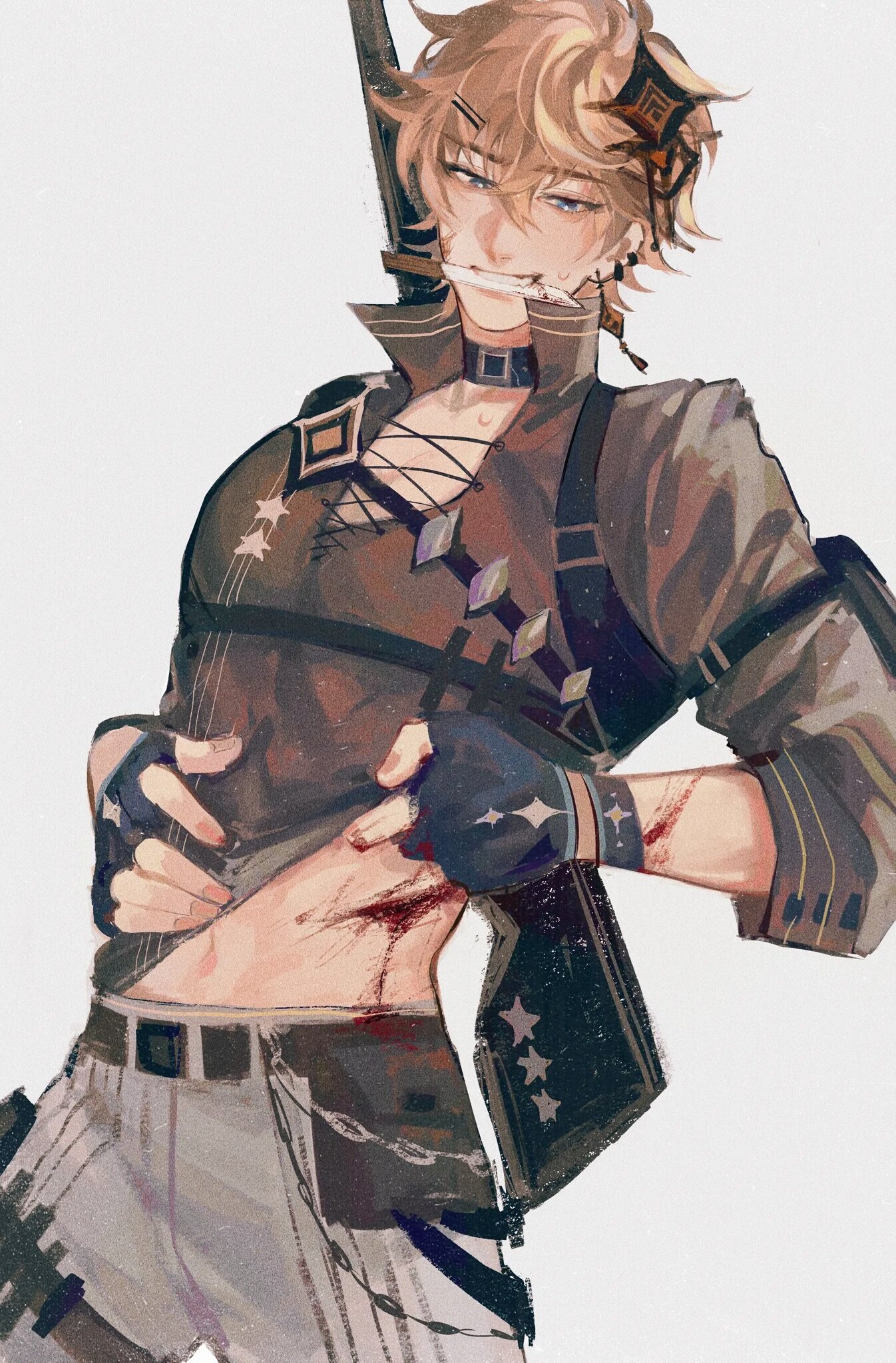 the image is a digital painting or illustration of an animestyle male character. he has shoulderlength blonde hair and is wearing a stylized outfit that blends elements of casual and military attire. his clothing includes a brown vest with star details, fingerless gloves, and pants. a rifle or similar weapon is partially visible across his body.  the most striking aspect of the image is the character's numerous visible wounds—scratches, cuts, and blood—across his abdomen and arms, suggesting he’s recently been in a fight. his expression is a mixture of seriousness and perhaps slight pain, as he holds his wounded stomach. the overall style of the art is painterly and slightly textured, with soft shading and color blending. the background is plain, drawing focus solely to the character.