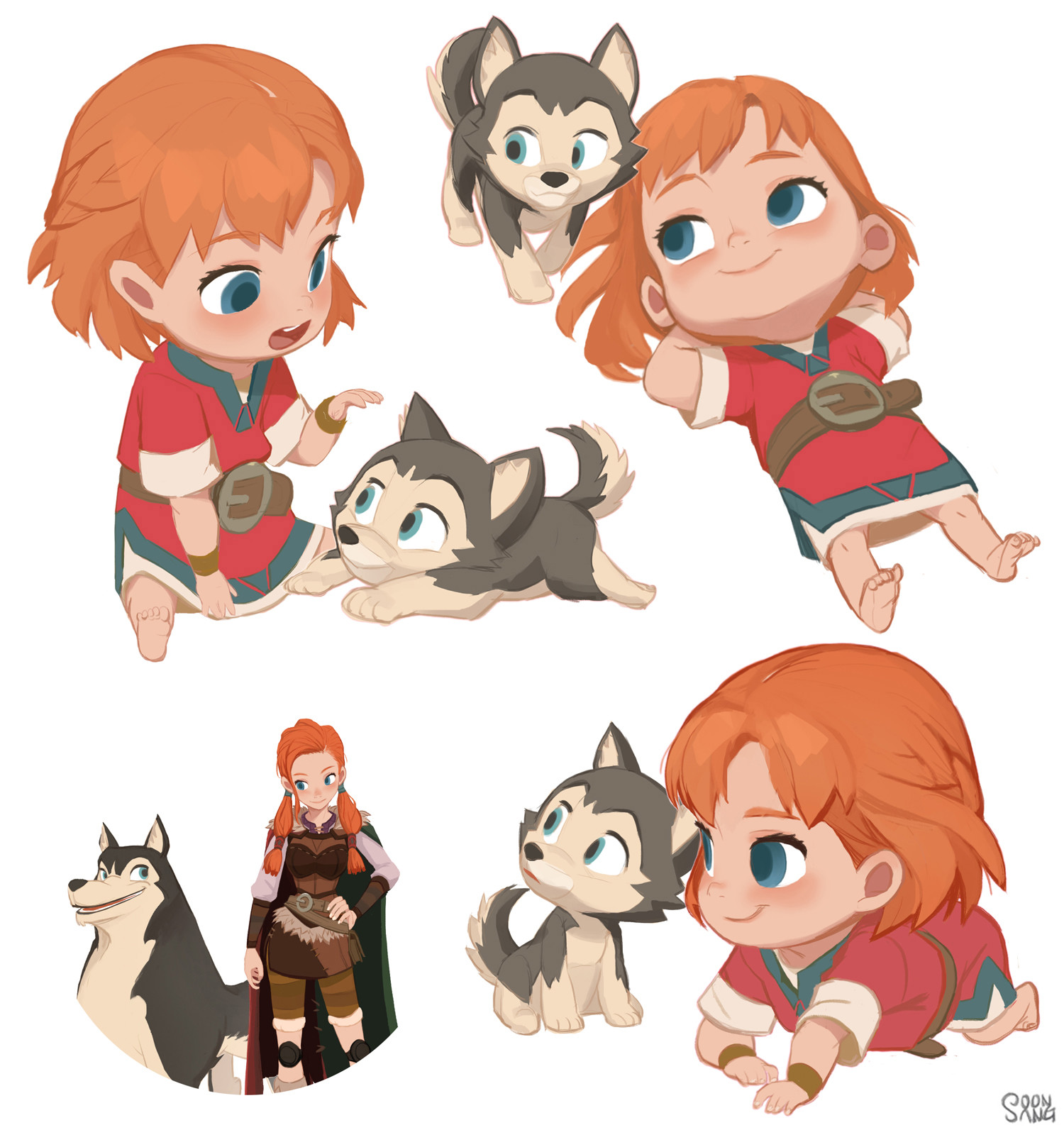 the image shows a character design sheet of a young viking girl and her husky companion. the sheet features the girl and her dog at different ages, starting as a baby and progressing to adulthood. they are both depicted in various poses and expressions, highlighting their playful and loving bond. the art style is cartoonish and friendly, with a soft color palette.