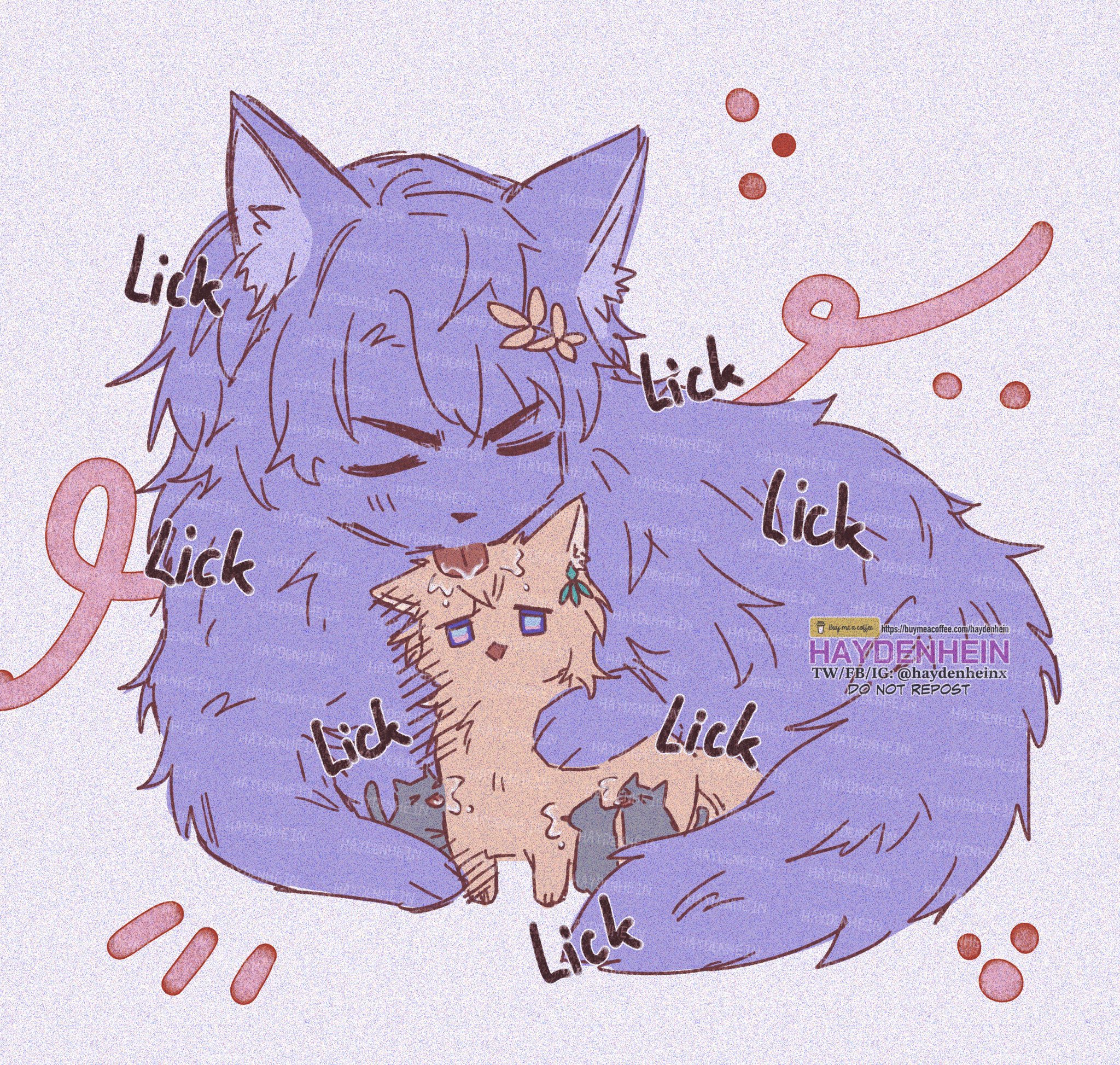 this image is an animestyle cartoon drawing of a purple fluffy cat hugging a smaller orange cat. there are multiple instances of the word "lick" around the cats, as well as some pink hearts. the background is a pale pink.