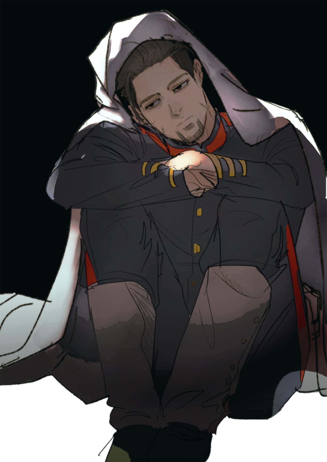 this is a digital illustration of an anime character. he is sitting in a cloak, with his head down, looking like he is in a contemplative state. the illustration shows him  in a dark and shadowed environment.  he is a young man with dark hair and eyes and is wearing a black jacket and pants. his cloak is white, with a touch of red on the edge.  the image is made with smooth, soft lines and shading.
