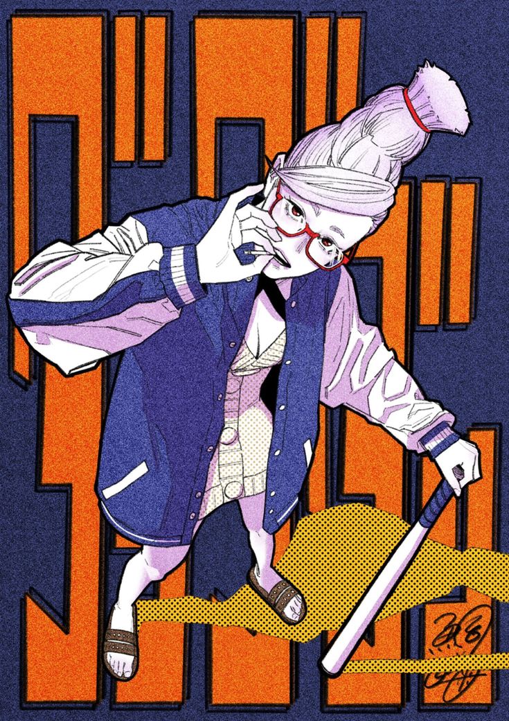 the image is a stylized digital illustration of a young woman, possibly an anime or manga character. she's depicted in a confident pose, holding a baseball bat. her attire consists of a blue varsity jacket, a lightcolored sweater or dress underneath, and sandals. she has purple hair styled in a high top bun and is wearing glasses. the background is a bold orange and dark blue, with a dynamic pattern reminiscent of comic book panels or graphic novel design. the overall style is a blend of manga, pop art, and streetwear influences. the image has a strong graphic quality, characterized by bold lines and vibrant colors. the artist's signature is visible in the bottom right corner.