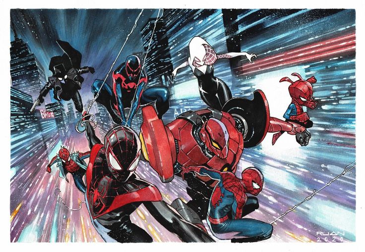 the image is a comic book style illustration of multiple spiderman characters swinging through a city at night. the main character is miles morales, in his red and black suit, webslinging towards the viewer. he is surrounded by other spiderman characters, including the classic red and blue spiderman, spidergwen in her white suit, spiderman 2099, a blackclad character who appears to be the prowler, and a small, stylized spiderman character who appears to be spiderham. they are all suspended in midair, surrounded by the city lights and web lines. the scene is dynamic and energetic, suggesting that they are in the midst of an exciting chase or battle. the colors are bold and vibrant, creating a sense of energy and excitement.