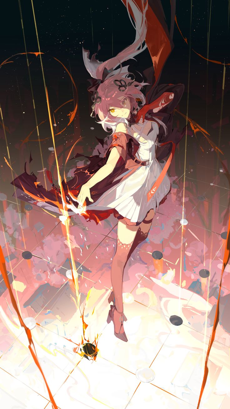 the image is a digital illustration of an animestyle girl with long pink hair. she is wearing a white dress with a red jacket and orange accents, and she is wearing high heels. she appears to be floating in midair, surrounded by glowing orange lines. the background is abstract and fantastical, with a mix of orange and pink colors. the overall style is dreamy and magical.