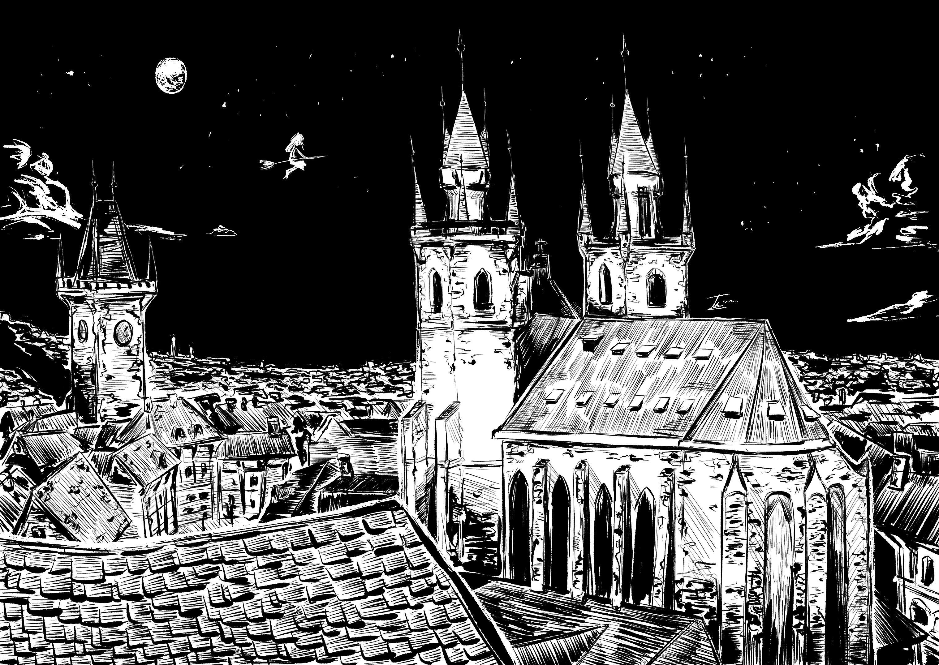 a black and white illustration depicting a whimsical, nighttime scene over a city, possibly prague.  the style is reminiscent of a woodcut or etching.  dominating the scene are several gothicstyle church towers and rooftops, detailed with textured lines to create a sense of depth and age. a witch on a broomstick flies across the moonlit sky adding a fantastical element. the overall atmosphere is dark, mysterious, and slightly spooky, suggestive of a fairy tale or halloween setting. the detailed rendering of the architecture and the contrasting black and white palette create a strong visual impact.