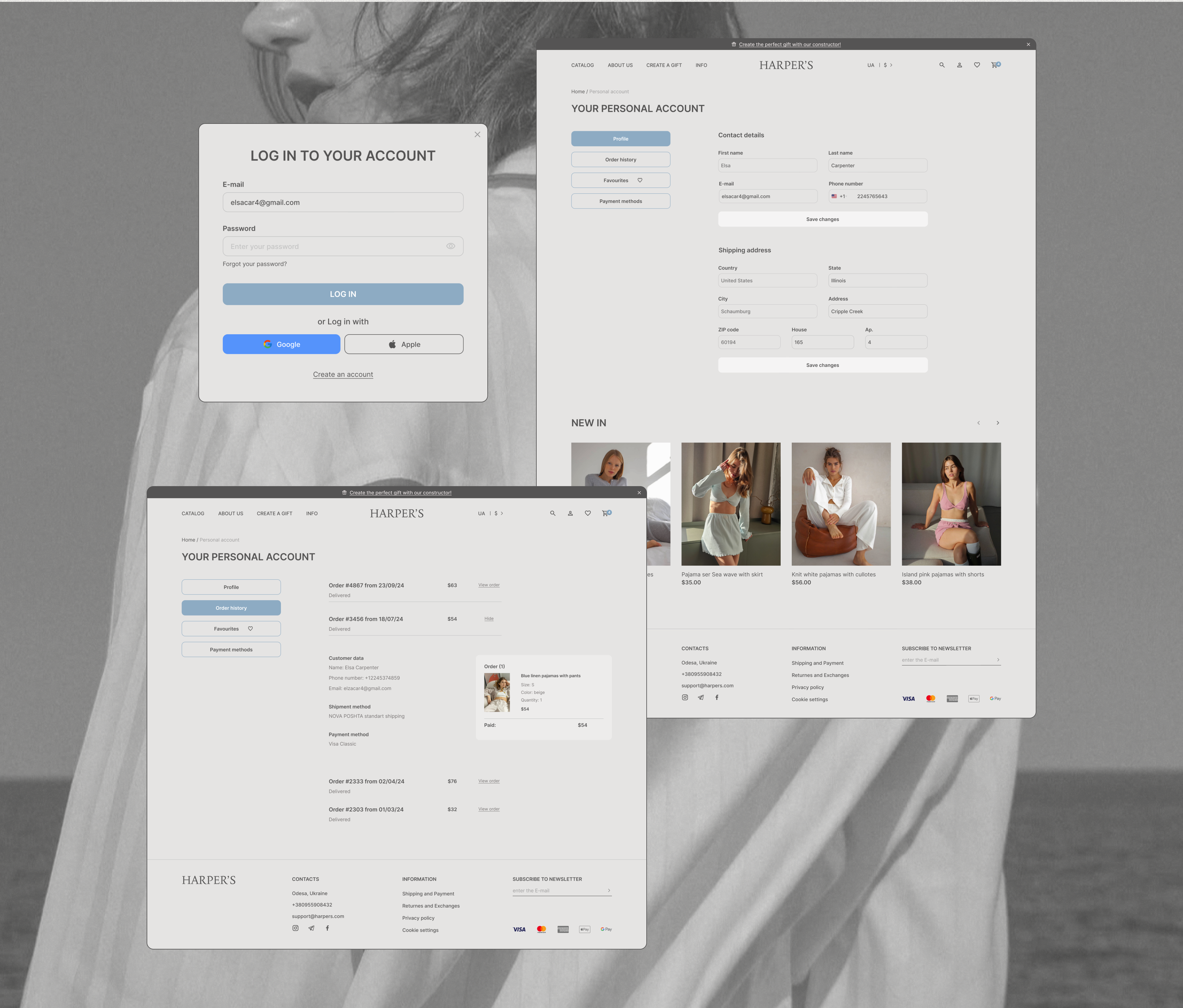 he image showcases mockups of an ecommerce website for a brand called "harper's". the website features a clean and minimalist design.  multiple screenshots are shown, including: a login page, a personal account page displaying order history and contact details, and a section showcasing new arrivals with product images and descriptions.  the overall aesthetic is modern and sophisticated, reflecting a highend fashion brand. the screenshots are overlaid on a blurred image of a person, possibly a model, implying a connection between the online store and its visual branding.