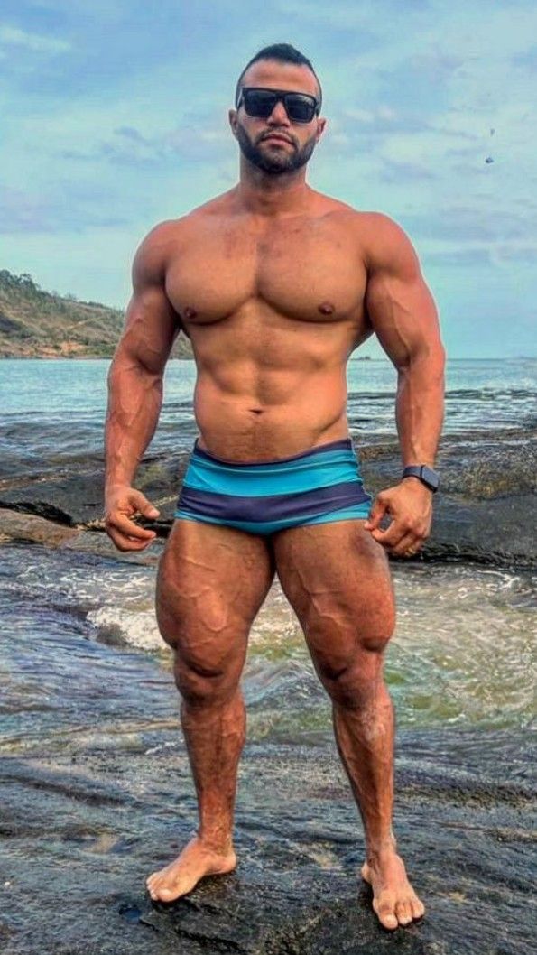 a muscular man with a welldefined physique stands on a rocky beach, wearing blue and black striped swim trunks and sunglasses.  the ocean is visible in the background, and the overall setting suggests a sunny summer day. the man appears to be posing for a photograph, showcasing his muscular build.