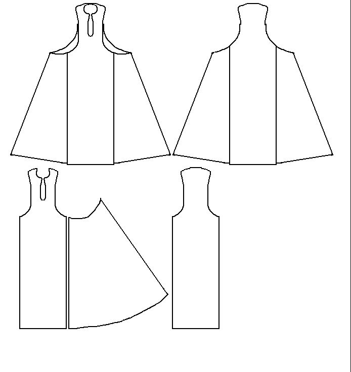 the image shows a dress pattern laid out on a flat surface. the pattern consists of several pieces including the front and back bodice, side panels, and flared skirt sections. the front bodice has a distinctive keyhole neckline. all the pattern pieces are depicted in black outline on a white background. the design suggests a sleeveless, flared dress.