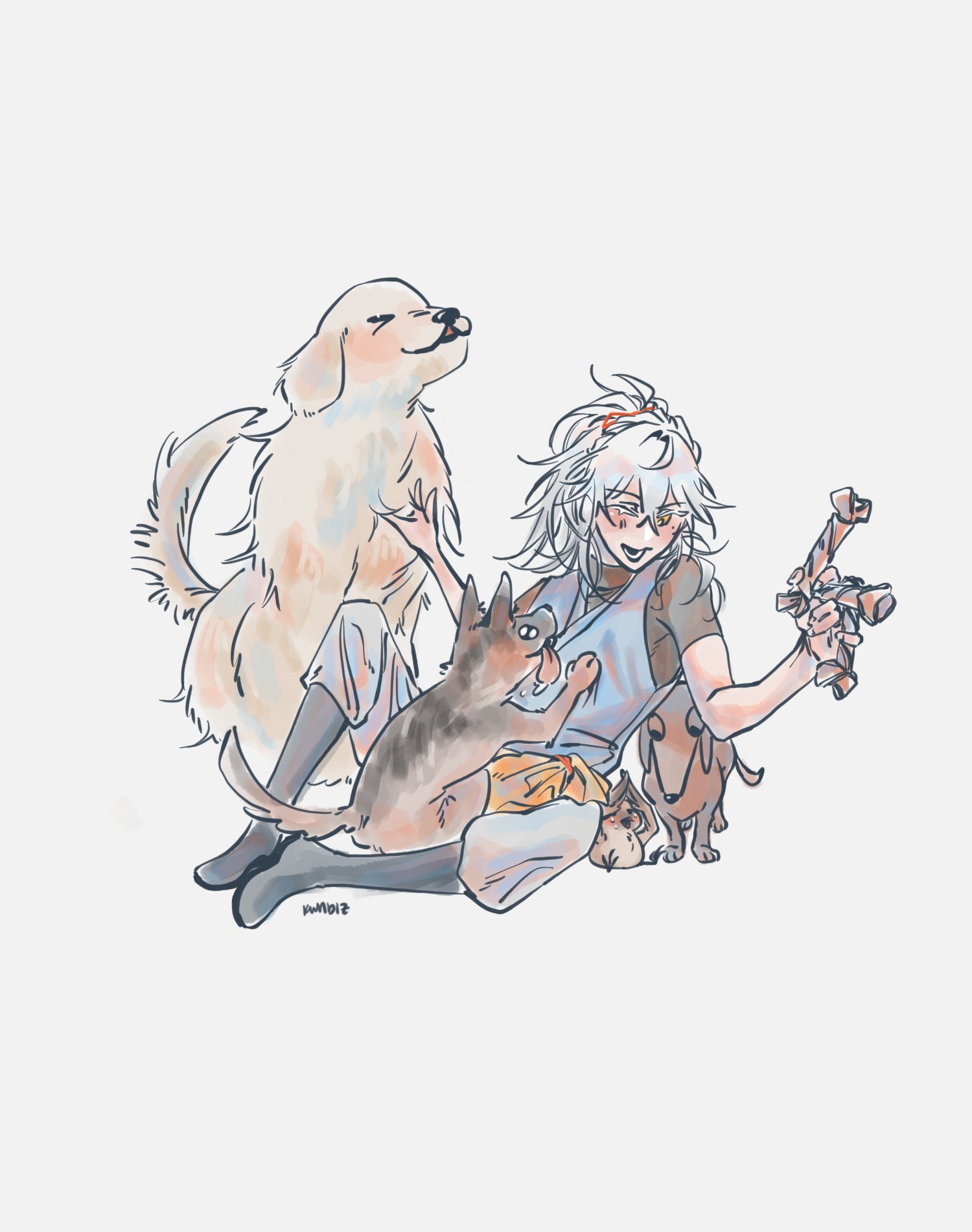 this is a digital illustration of a woman with white hair, wearing a blue top and black shorts, sitting on the ground with three dogs. the woman is smiling and interacting with her dogs. the first dog is a large blonde dog, sitting to the left of the woman, and the second dog is a brown and black dog, sitting on the woman's lap, and the third dog is a brown and white dog, sitting in front of the woman. the dogs are all smiling and happy. they are all surrounded by a white background. the woman is drawn in a simple anime style.