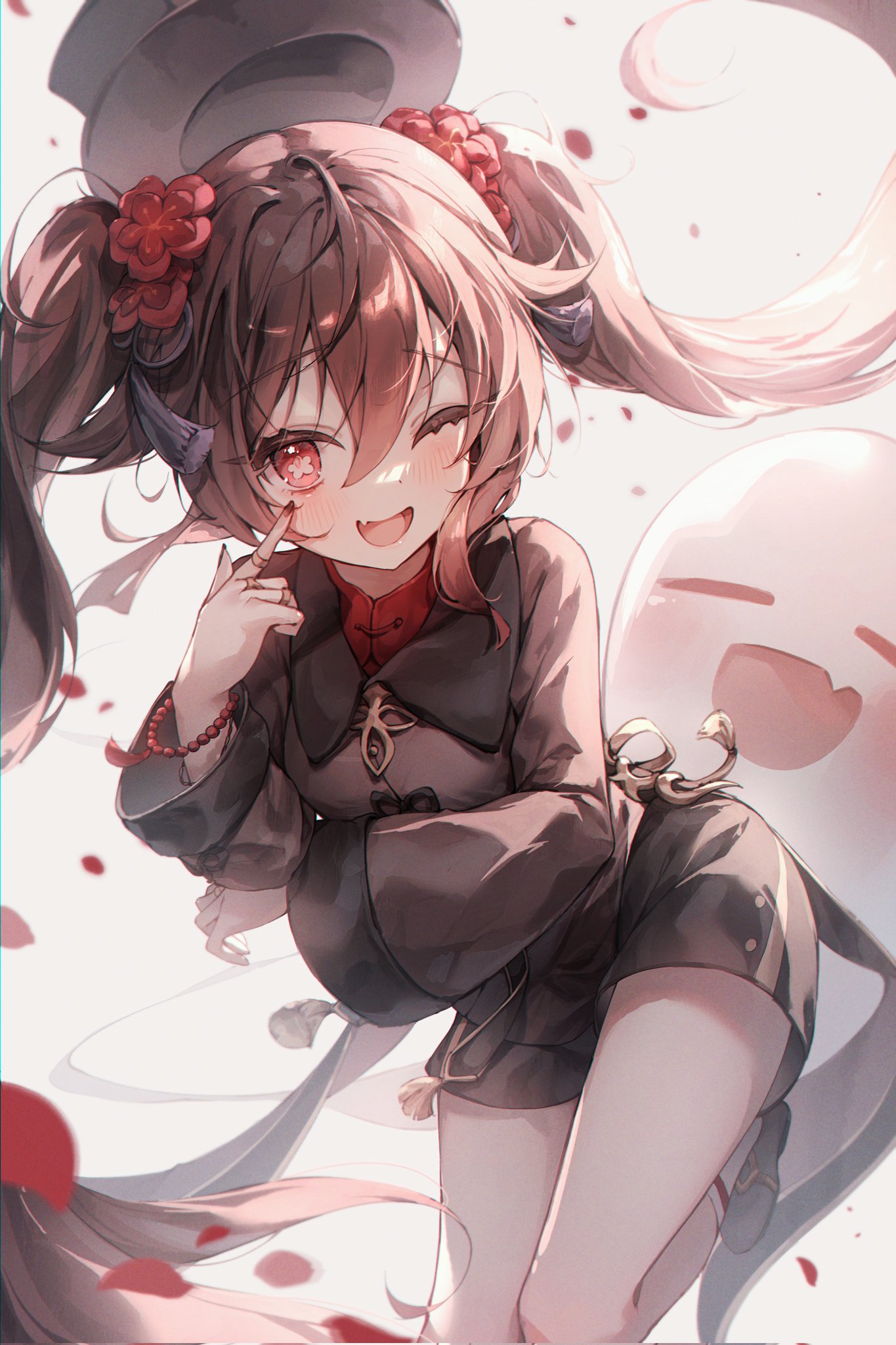 the image is a digital illustration of an animestyle girl. she has long, reddishbrown twintails adorned with red flower accessories. she's wearing a darkcolored outfit reminiscent of traditional chinese clothing, which includes a highcollared jacket and a short skirt. she has a charming smile, rosy cheeks, and playful expression, with one finger touching her face.  she appears to be playfully interacting with a translucent, ghostlike figure behind her. the art style is soft and delicate, with light pink and red tones dominating the color palette.  the overall mood is cheerful and whimsical.