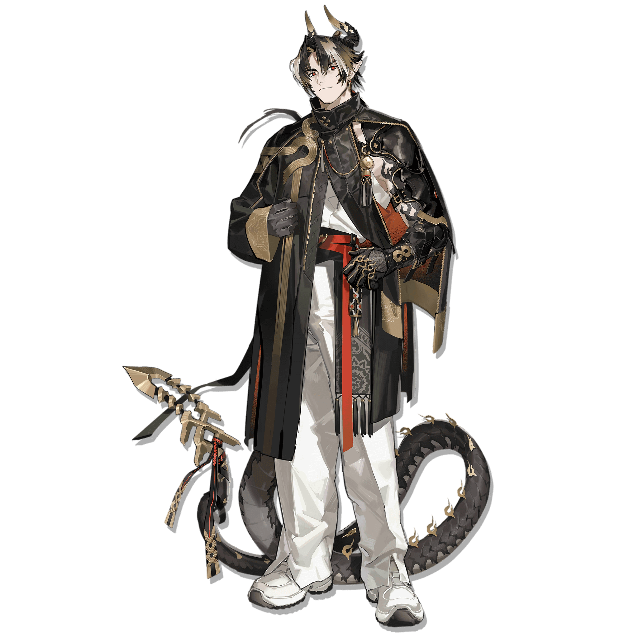 the image features a male anime character standing against a black background. he is wearing a black and gold coat over white pants, with red accents. the character has black hair with white streaks, a pair of black horns and is holding a weapon staff in one hand. a dragon tail can be seen coiling around his feet, with the tail resembling a serpentine dragon. the character looks like a powerful warrior with an expression of focus.