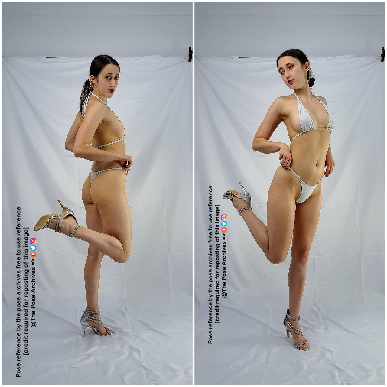 a woman in a white bikini poses for the camera against a white backdrop. she has her right leg raised and her left hand on her hip.