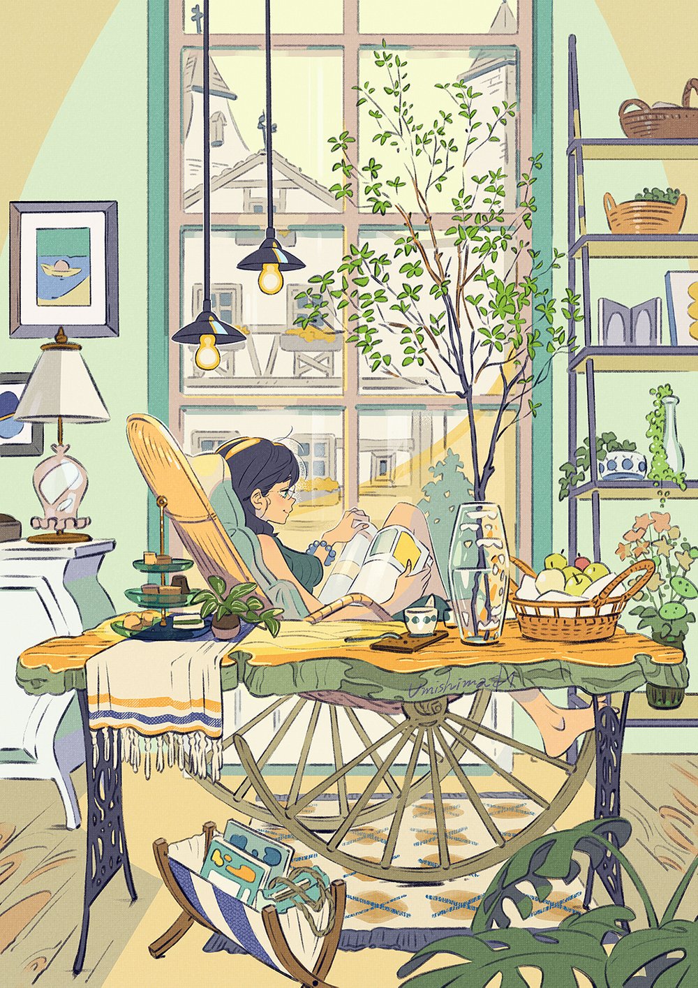 the illustration depicts a young woman relaxing in a rocking chair by a window, reading a book. the room is filled with plants, flowers, and cozy furniture, creating a peaceful and serene atmosphere.  sunlight streams through the window, illuminating the scene. the style is vintageinspired and features pastel colors. the woman is depicted with dark hair and is wearing a green top. the furniture includes a unique table crafted from wood with a wheel base, and a small side table holding treats and a drink. there is also a bookshelf with various items and a lamp in the corner.  overall, the illustration evokes a feeling of tranquility and warmth.