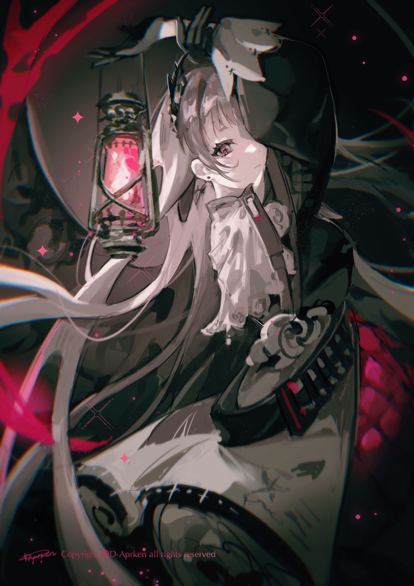 a dark illustration of an anime girl with long black hair, wearing a black dress, holding a red lantern, and standing in a shadowy background. the image has a mysterious and spooky vibe.