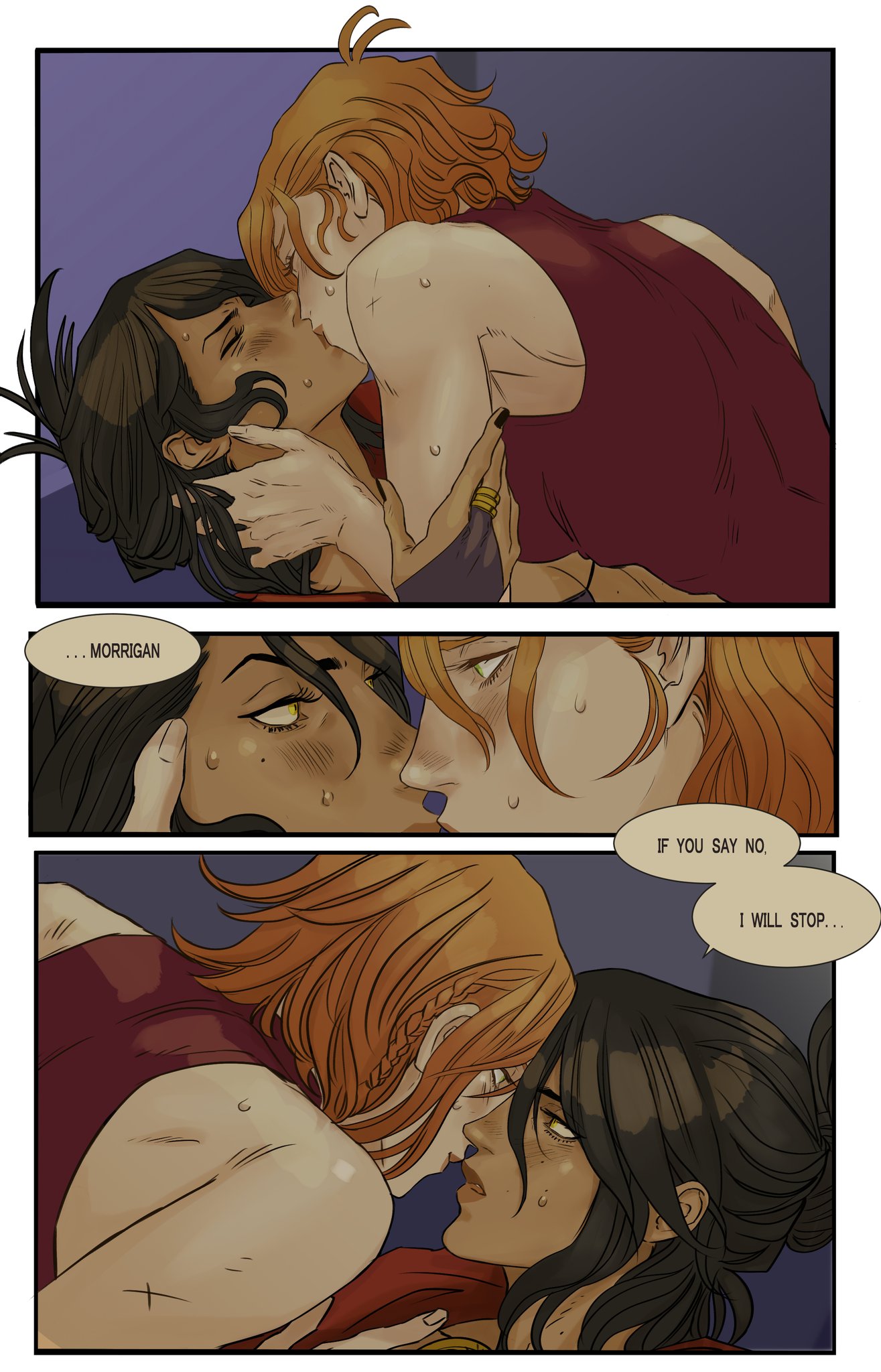 a threepanel comic depicting an intimate moment between two women. the first panel shows them kissing passionately, with the brunette holding the redhead's face. the second panel zooms in on their faces, with the brunette saying "...morrigan." the third panel shows them close to kissing again, with the redhead saying "if you say no, i will stop..."