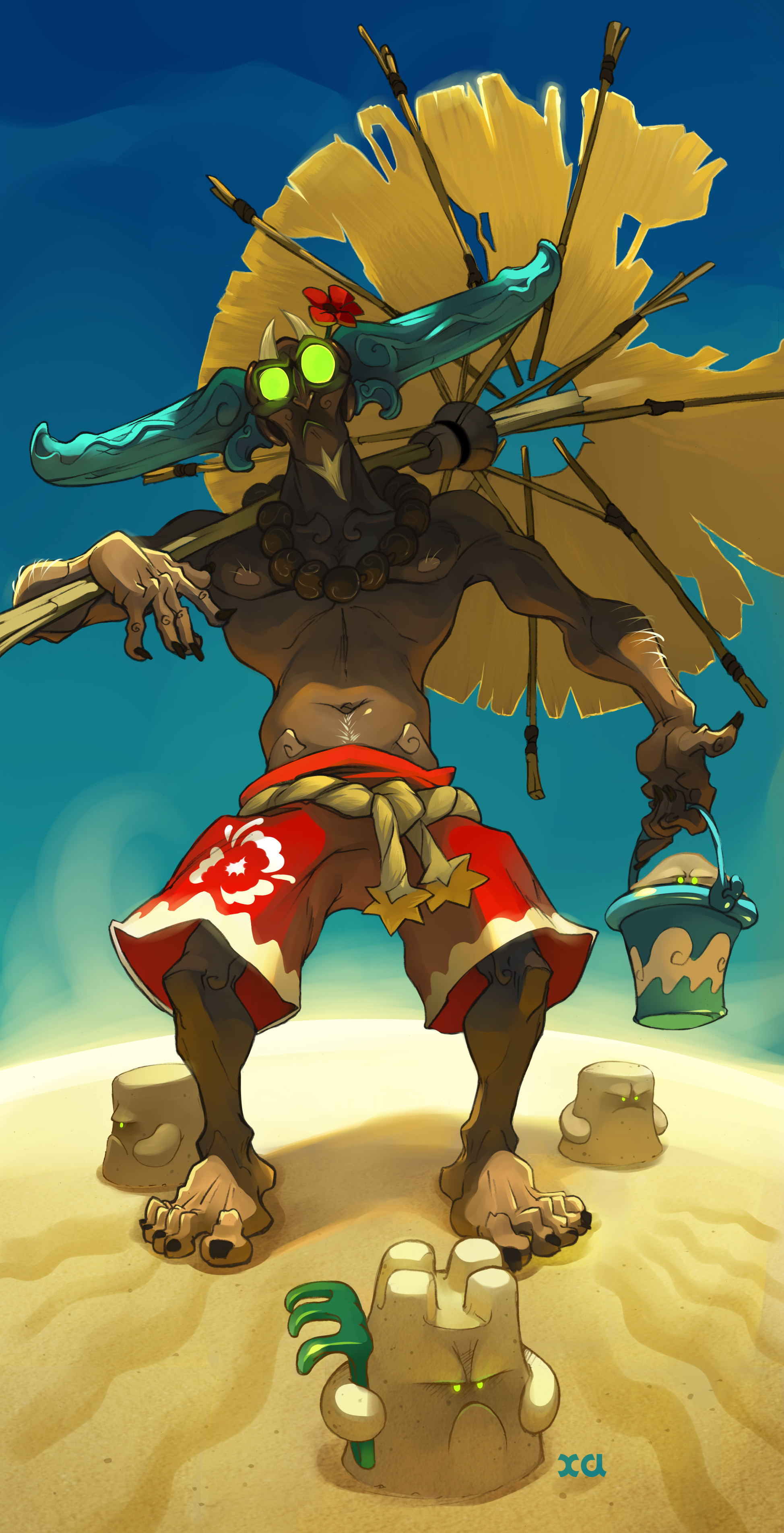 a cartoon illustration of a monster character standing on a sandy beach holding a blue bucket in one hand. he is wearing sandals and red and white shorts. the monster has green goggles and a green flower on its head.  he has blue horns and is wearing a brown necklace.  there are two sandcastles on the beach, one at his feet and one to the right.  the background is a clear blue sky.
