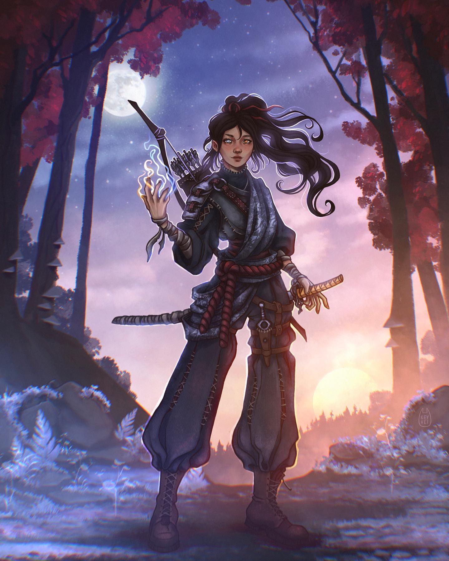 the image depicts a female fantasy warrior, possibly an elf or halfelf, standing in a mystical forest at twilight. she is armed with a bow and arrow, a katana, and possesses magical abilities, indicated by glowing blue energy emanating from her hand. her attire blends elements of fantasy and asianinspired clothing, suggesting a blend of cultures within the fantasy setting. the background showcases a forest with glowing red leaves under a moonlit night sky and a setting sun, enhancing the magical and mystical ambiance. the overall style is digital painting with detailed rendering, creating a captivating image that's suitable for concept art, character design, or fantasy game art.