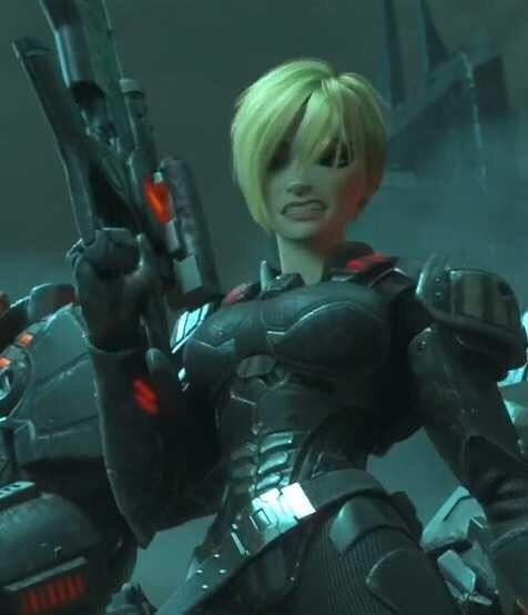 a closeup shot of a female character from a scifi video game. she has short blonde hair and is wearing a dark, futuristic armored suit. she's holding a large, technologically advanced weapon, and her expression is serious and determined. the background is dark and indistinct, suggesting a battle or combat scene. the overall aesthetic is gritty and realistic, emphasizing the character's strength and power.