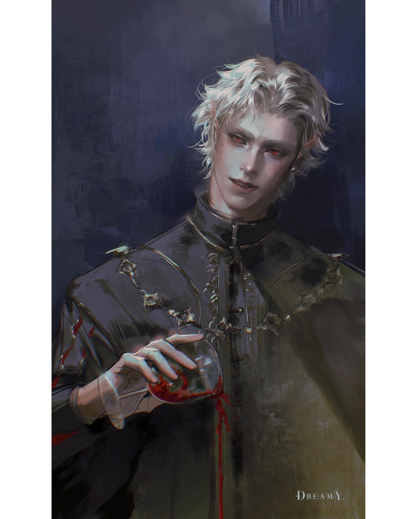 the image is a portrait of a paleskinned man with white hair and red eyes, traditional features of a vampire.  he is dressed in an ornate, dark, almost priestlike robe with gold accents. he holds a wine glass, red liquid dripping down the side, hinting at recent indulgence. the background is dark and undefined, emphasizing the dramatic lighting focused on the figure. the overall mood is dark, elegant, and slightly sinister.