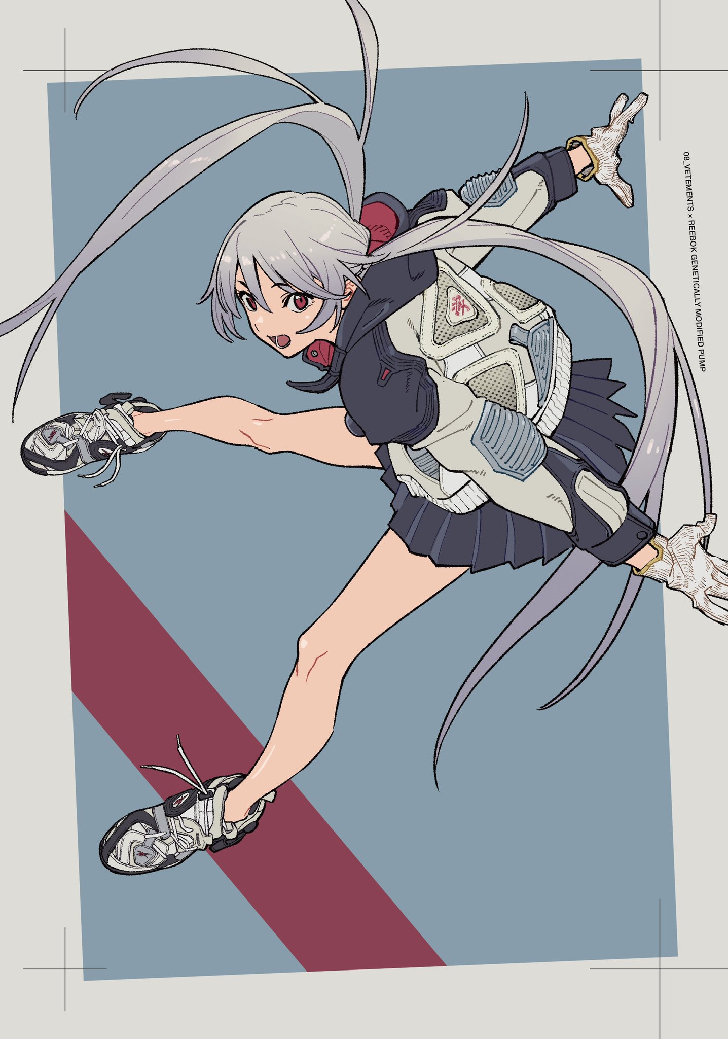 he image is a digital illustration of an animestyle girl with long grey hair. she is wearing a white and grey sportswear jacket, a dark pleated skirt, and white shoes. her pose is dynamic, as if she's leaping or jumping. the illustration style is clean and modern, with bold lines and vibrant colors. the background is a simple combination of grey and maroon shades. the overall impression is one of energy and action, with the character portrayed as sporty and fashionable.