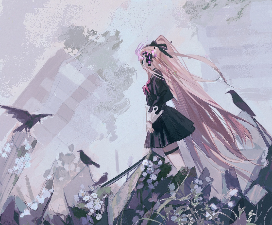 the image features an anime girl with long pink hair standing in a mystical forest. she is wearing a black dress with a white collar and a pink bow. her hair is flowing in the wind, and she has a mysterious and ethereal look about her. the background is filled with flowers, crows, and a soft, dreamy atmosphere. the overall tone of the image is beautiful and enchanting.