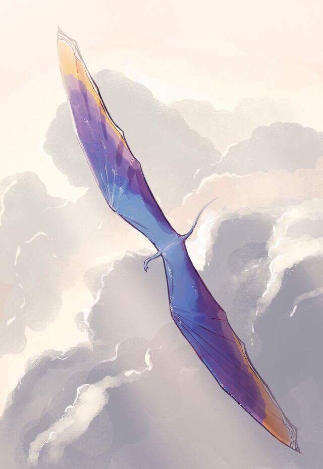 an illustration of a blue, purple, and orange pterodactyl flying in a cloudy sky. the image is done in a watercolor style.