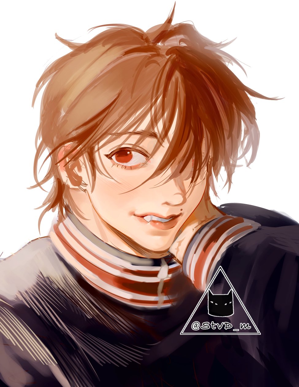 a closeup portrait of a male anime character. he has brown hair and red eyes and is wearing a black jacket over a black and white striped shirt. he is smiling and looking at the viewer. the background is white. the image is drawn in a digital art style.