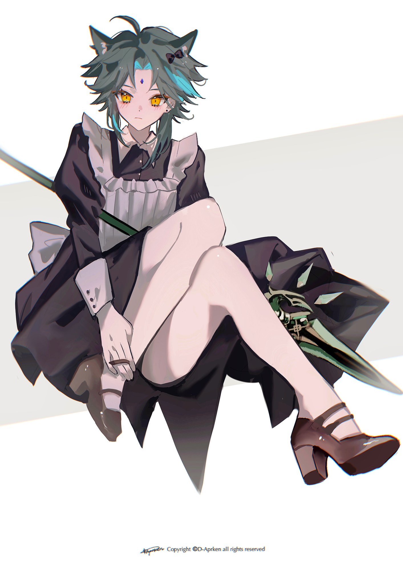 this is a digital art illustration of an anime girl with green hair, cat ears and blue eyes. she is wearing a black maid dress with a white apron. she is sitting on a ledge with her legs crossed. she has a green spear in her lap, and she is looking at the viewer.  the art is done in a very detailed and beautiful style, with the girl's hair and eyes being particularly welldrawn.