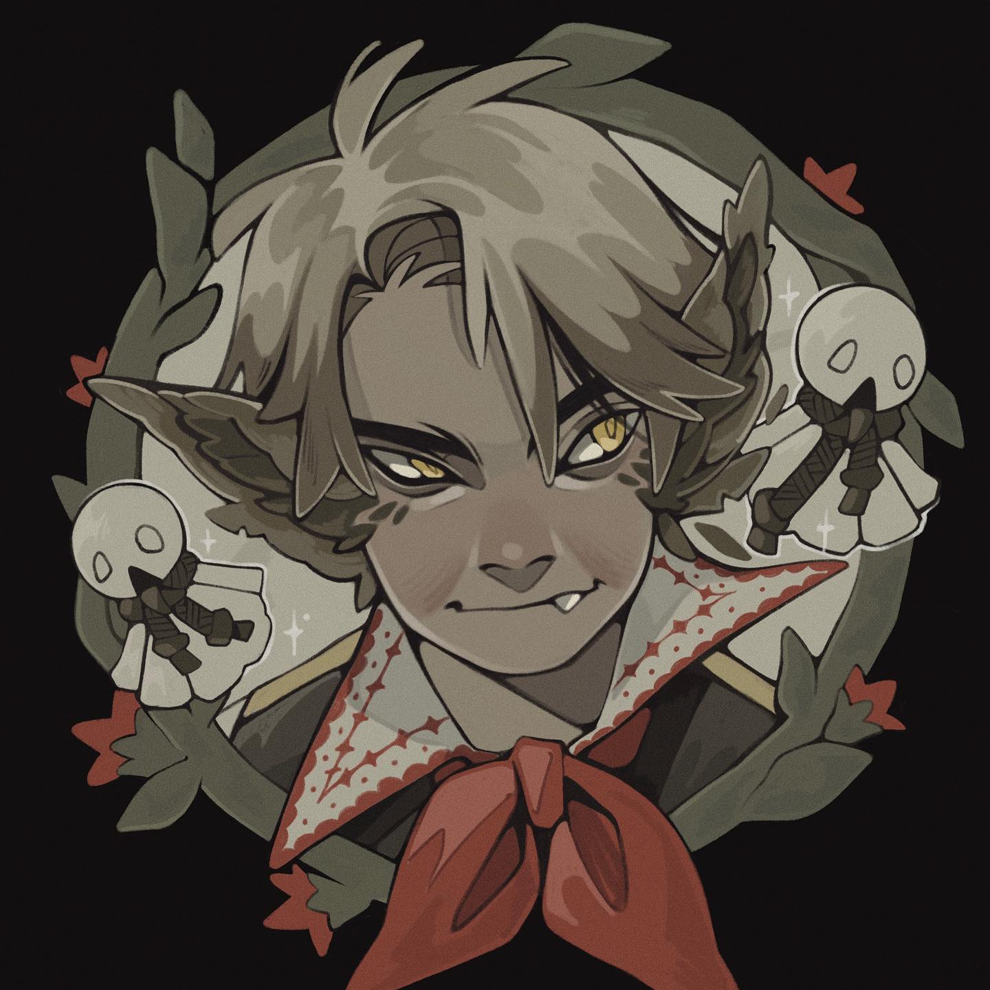 he image is a digital painting of a young, fantasy elf character. the elf has dark skin, pointed ears, and a mischievous grin.  their hair is a muted light brown and styled in a somewhat messy, windswept way. they wear a dark jacket with an ornate, redandwhite collar, and a large red scarf tied around their neck. two small, skulllike figures, seemingly tied with twine, float beside the elf.  the background is a dark muted green, featuring stylized floral elements. the overall style is dark fantasy, yet whimsical with a muted color palette. the artist's style is clean and stylized with smooth lines and subtle shading.