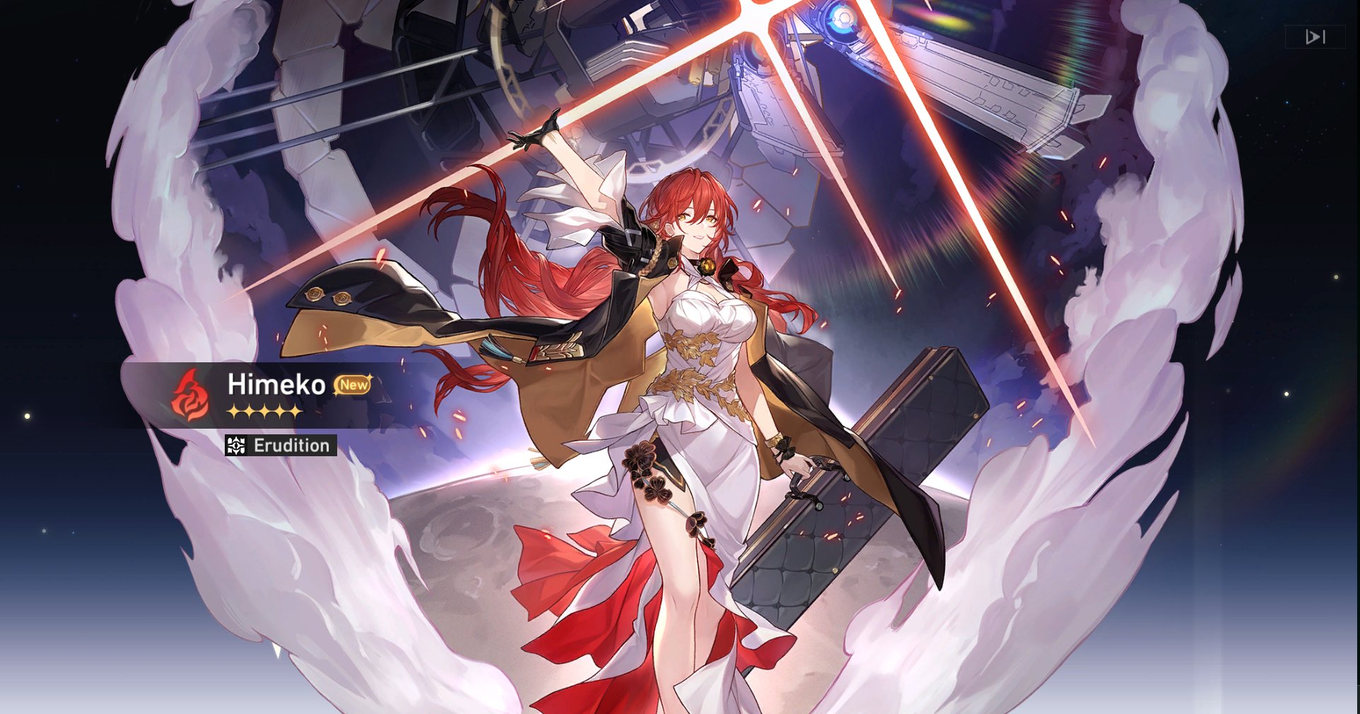 the image is from the popular mobile game honkai impact 3rd. it features the character himeko, a fiery and strong valkyrie, wielding a large sword with a redhot beam projecting from the tip. she is wearing a white dress with black trim and a golden jacket with a design resembling a dragon's head. her flowing red hair cascades down her back, and she is staring determinedly at the horizon. the scene takes place in space, with a large, silver spaceship in the background and swirling clouds of gas surrounding them. the overall mood is one of intense action and excitement, suggesting that himeko is in the midst of a fierce battle.  in the lower left corner of the image is a description of the character and her abilities.
