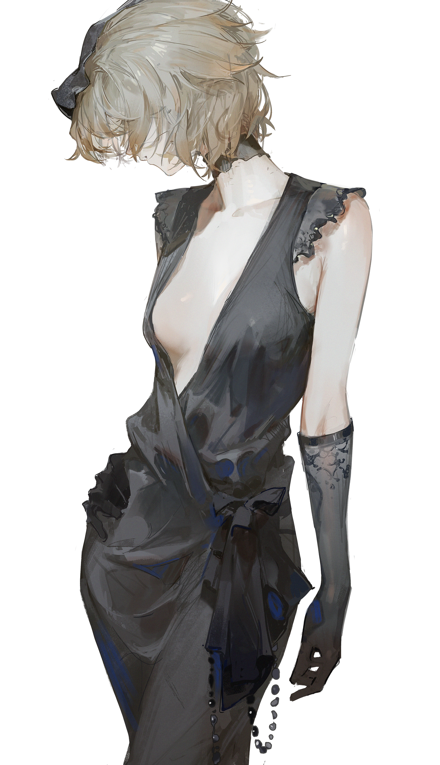 a woman with short black hair and large, closed eyes. she is wearing a long, black dress and a black bow tied in the front. the dress is open in the front revealing her chest. she is wearing a necklace and black gloves with a white trim. she is looking down. the image is rendered in a digital art style.