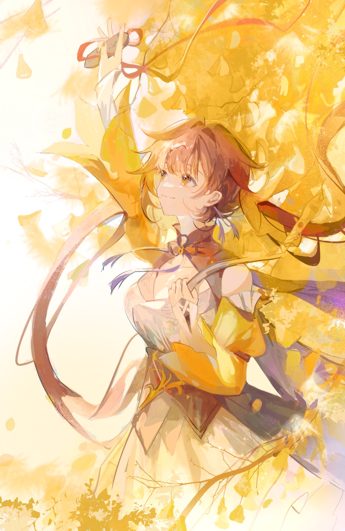 this is an anime style illustration of a young girl with long brown hair wearing a beautiful yellow dress. she is smiling and her hair is blowing in the wind. the background is a field of yellow flowers and leaves, and the sky is a bright blue.  the overall tone of the image is happy and carefree, and it conveys a sense of wonder and magic.  the artwork is whimsical and ethereal,  using delicate lines and soft colors to create a gentle and uplifting mood.