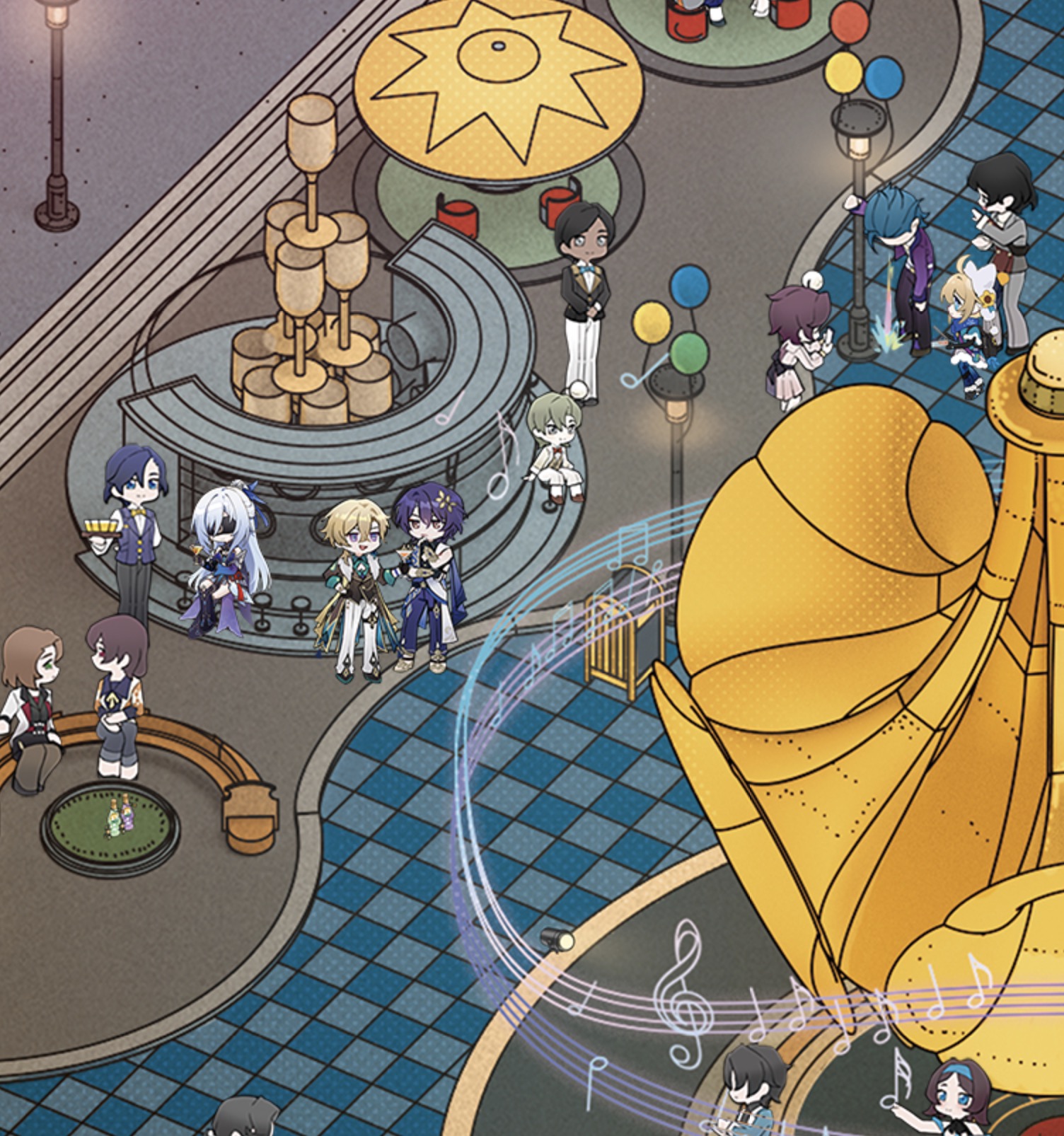 an illustration of a group of anime characters in a musical performance in a fantasy setting.  the characters are dressed in colorful outfits and are holding musical instruments.  the stage is decorated with a large musical note, and there is a golden statue of a musical instrument.