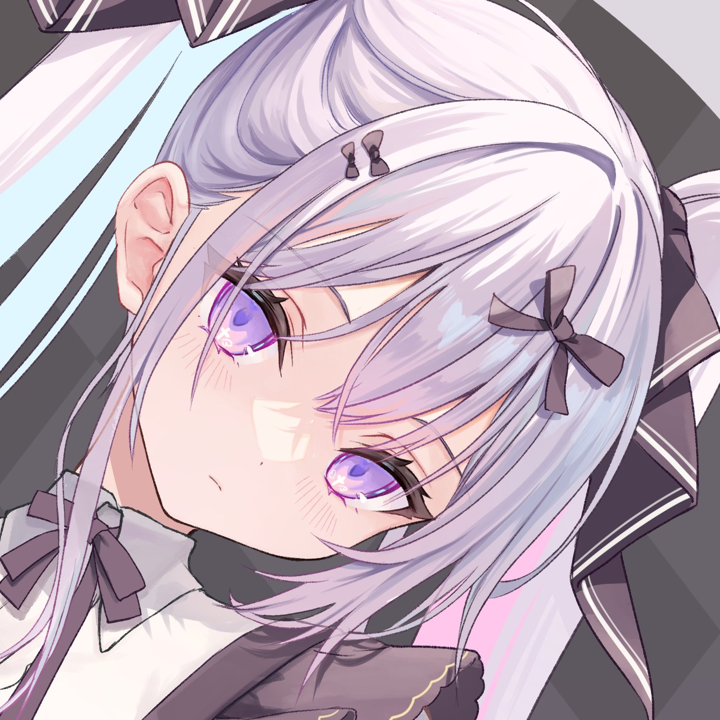 closeup portrait of an anime girl with white hair, purple eyes, and ribbons in her hair. the girl is wearing a white and black outfit, and her head is tilted to the side. the background is a combination of grey, white, and black shapes. she has fair skin with slightly flushed cheeks. there are two small, dark hairpins near the top of her head.