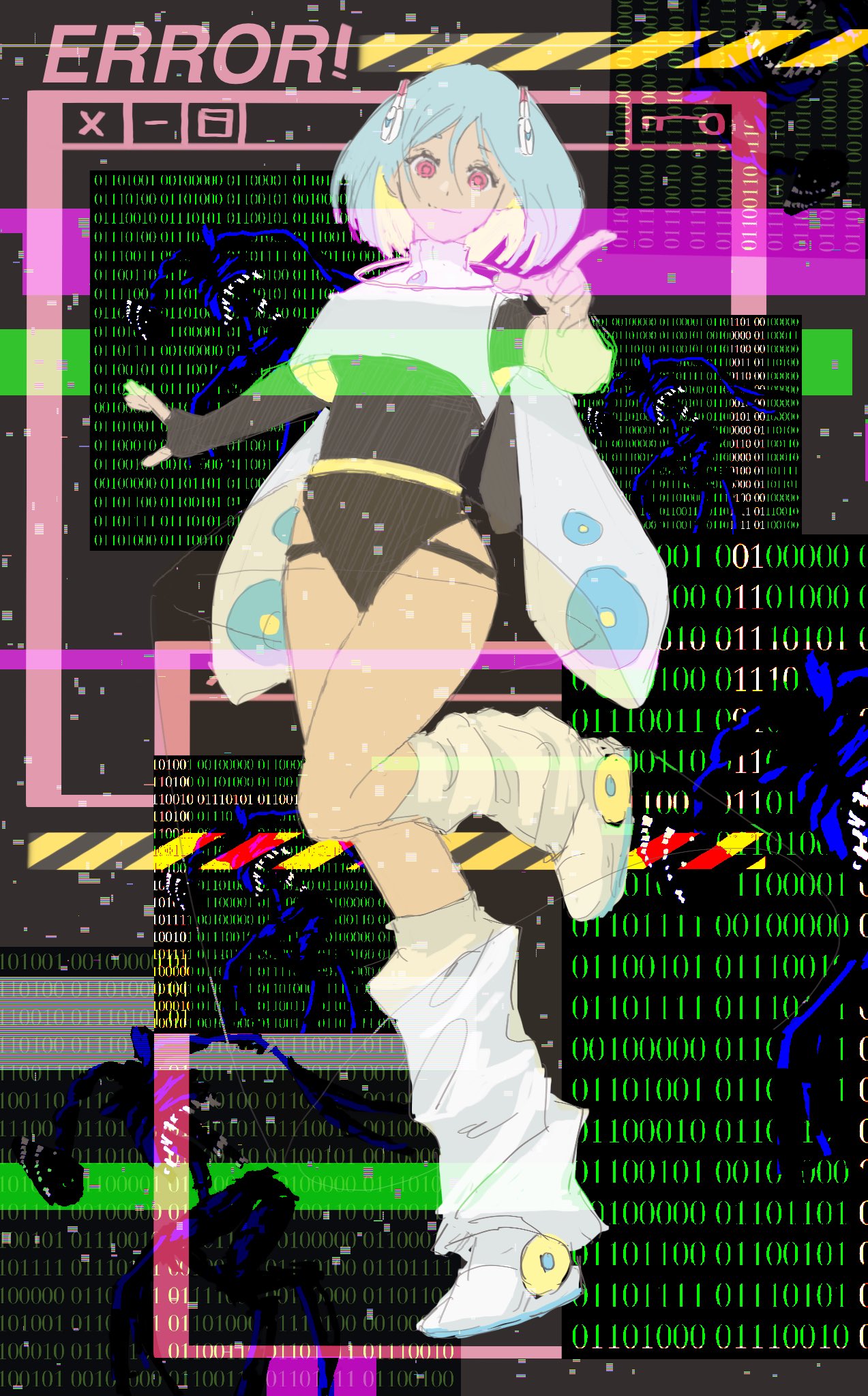 an anime girl with blue hair, white clothes and boots standing in front of a background with a digital glitch effect, with the words "error!" at the top. the background is filled with binary code, neon colors and a pixelated effect. the girl looks like she is in a futuristic or cyberpunk world.