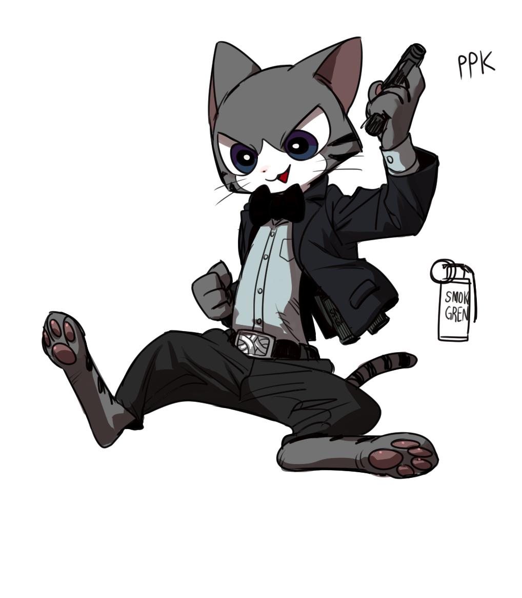an anthropomorphic cat in a black suit, tie and pants is posing with a gun and a smug look on its face.  the cat is wearing a belt with a belt buckle, and has a tail.  the cat is wearing shoes and has paw prints on its feet.  the background is white and there is a label that reads "smok gren" and "ppk" on the background.  the cat is a cool and funny cartoon character.