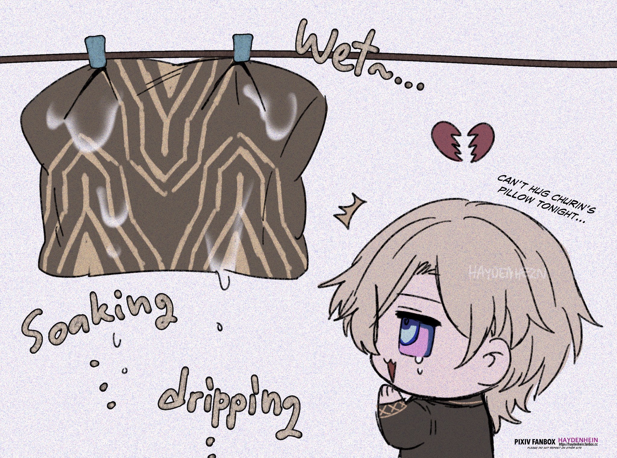 this image features a chibi anime male character, who appears to be crying. he is looking at a pillow that is hanging on a clothesline. the pillow is wet, and it is dripping water. the character looks sad because he can't hug the pillow. the text suggests that the pillow belongs to his beloved, which is why he can't use it. the heart breaking symbolizes the character's sadness. the image is in a comic style.