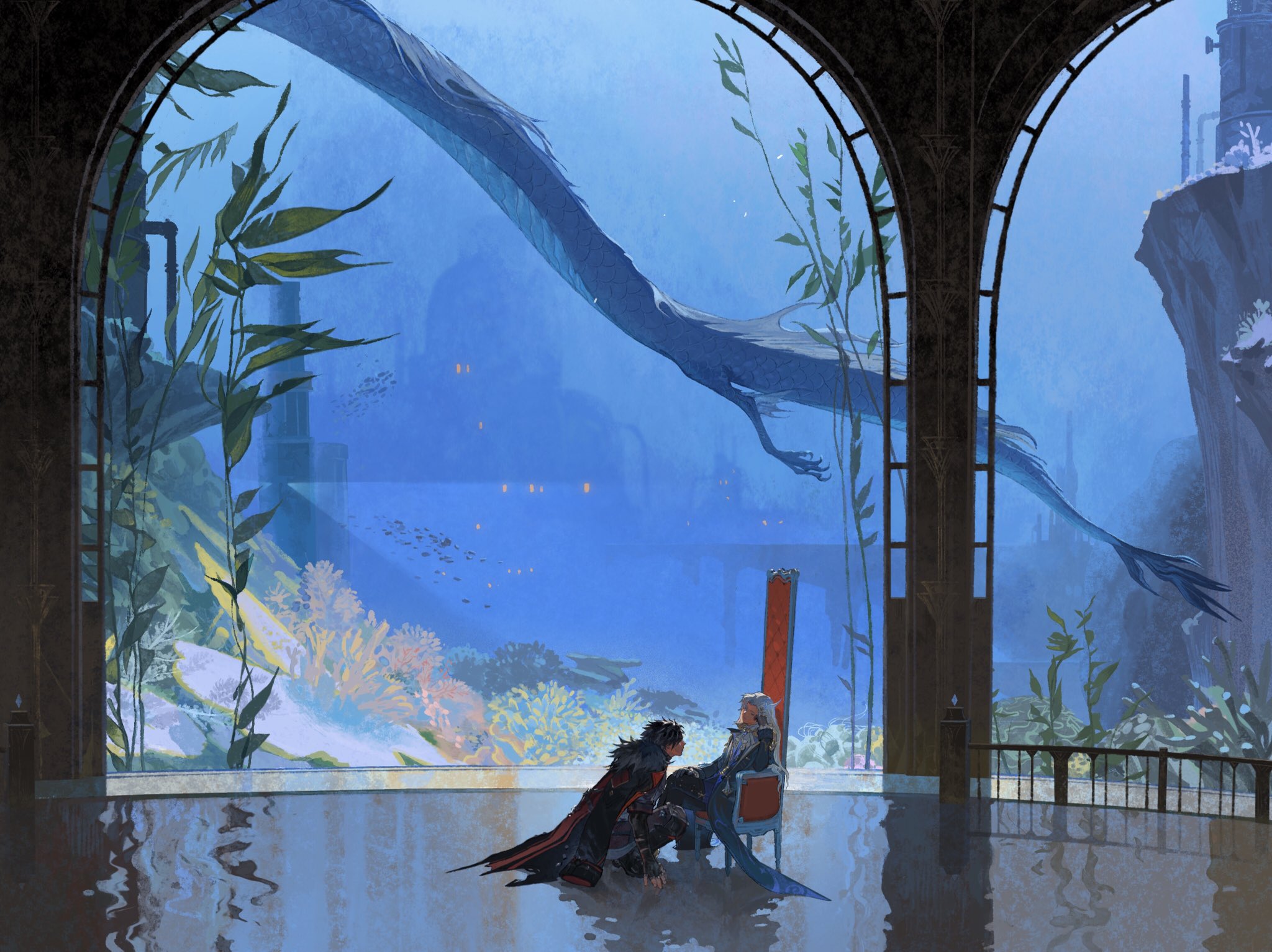 the image is a digital painting depicting a fantasy underwater world. the scene takes place in a building with large windows overlooking an expansive ocean. the window frames a view of a vast, vibrant coral reef with various fish swimming through the water. seaweed and seagrass sway gently in the current. at the center of the scene, a king sits on a throne, adorned with ornate carvings. he appears to be holding court, with a kneeling figure in the foreground. above, a majestic, dark blue seahorse glides through the water, its graceful form adding an element of mystery and wonder. the overall atmosphere is one of peace, majesty, and the boundless beauty of the underwater world.