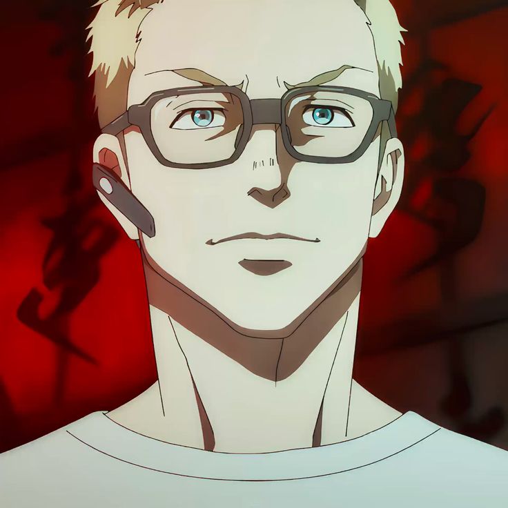 this is a closeup illustration of a blonde man with glasses. he is wearing a white shirt and has a headset in his left ear. the background is dark red with some black abstract shapes. he is lit with soft, artificial lighting.