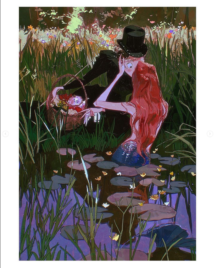 a whimsical digital illustration depicting a mermaid and a man in a passionate embrace amidst a lush forest. the mermaid, with flowing red hair and a shimmering blue tail, leans in for a kiss, her hand gently resting on the man's face. the man, dressed in a black suit and a top hat, gazes lovingly at the mermaid. the surrounding environment is a vibrant tapestry of nature, with flowers in full bloom, lily pads floating on the water's surface, and tall, verdant trees reaching towards the sky. the image evokes a sense of fantasy and romance, suggesting a timeless love story unfolding in a magical realm.
