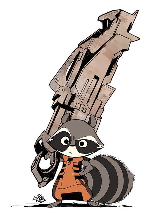 the image shows a cartoon drawing of rocket raccoon from guardians of the galaxy. he is standing with a large, futuristiclooking gun resting on his shoulder. rocket is wearing his signature orange jumpsuit and has a serious expression on his face. the artwork is in a comic book style with bold lines and shading.