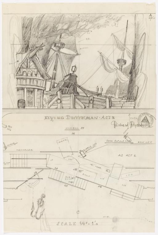 the image is a drawing of the stage design for "flying dutchman" acts 1 and 3. the top portion of the drawing depicts a sketch of a ship, presumably the flying dutchman, docked next to a building or structure. the lower portion of the drawing is a scale drawing of the stage layout for both act 1 and act 3. it includes various notes and measurements, and the drawing is signed by richard byerds. the scale of the drawing is noted as ¼" = 1'0".