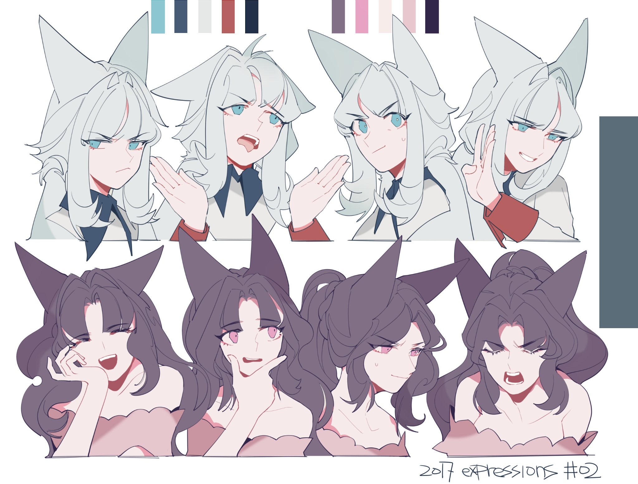 this is an illustration of six anime girls with cat ears. they are all drawn in a cute style with exaggerated features. the girls have different expressions, such as happy, sad, angry, and surprised. the drawing is done in a digital style, and it is colorful and detailed.