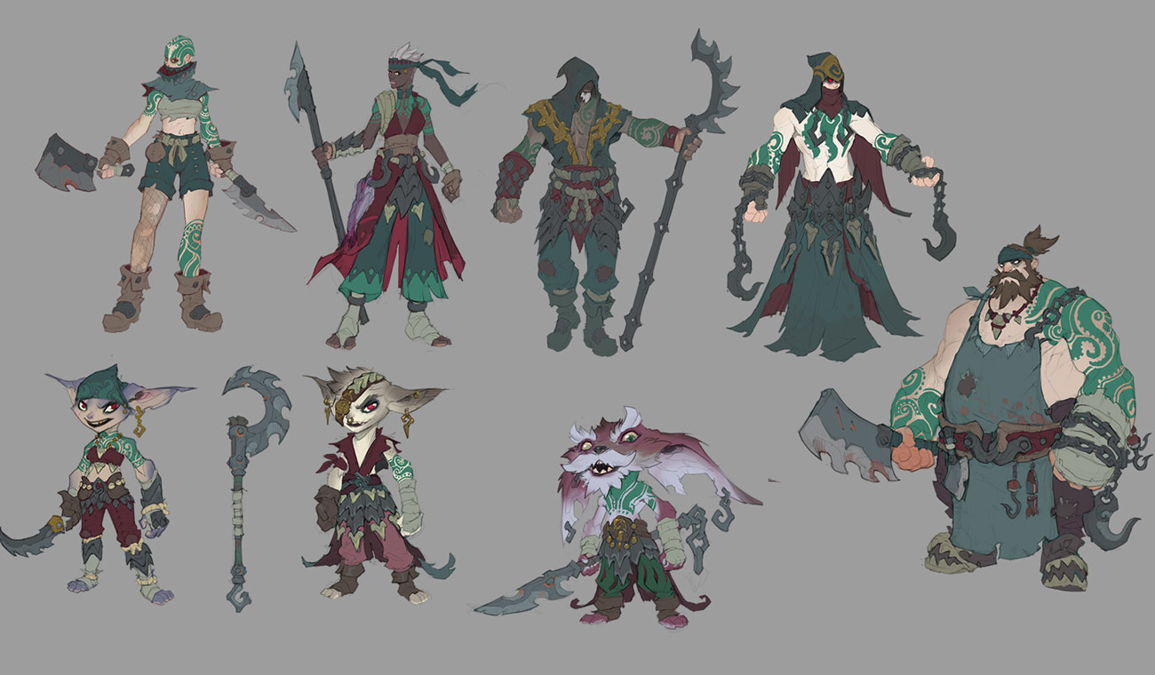 the image contains a set of nine character design illustrations for a fantasy video game. they are all drawn in the style of concept art, showing different characters with various weapons and clothing. the characters are all fighting creatures of different sizes and shapes, with some having a goblin or elflike appearance, while others are more humanlike. the illustrations are stylized with bold outlines and shading.