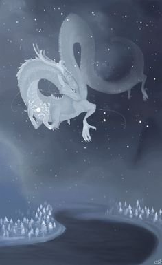 the image depicts a fantastical winter landscape under a starlit night sky. a large, white, dragonlike creature dominates the upper half of the image, its serpentine body coiling and drifting in the sky among the stars. below, a river snakes through a snowcovered forest of evergreen trees. the scene evokes a sense of magic and myth. the color palette is primarily cool blues and whites, enhancing the wintery atmosphere.