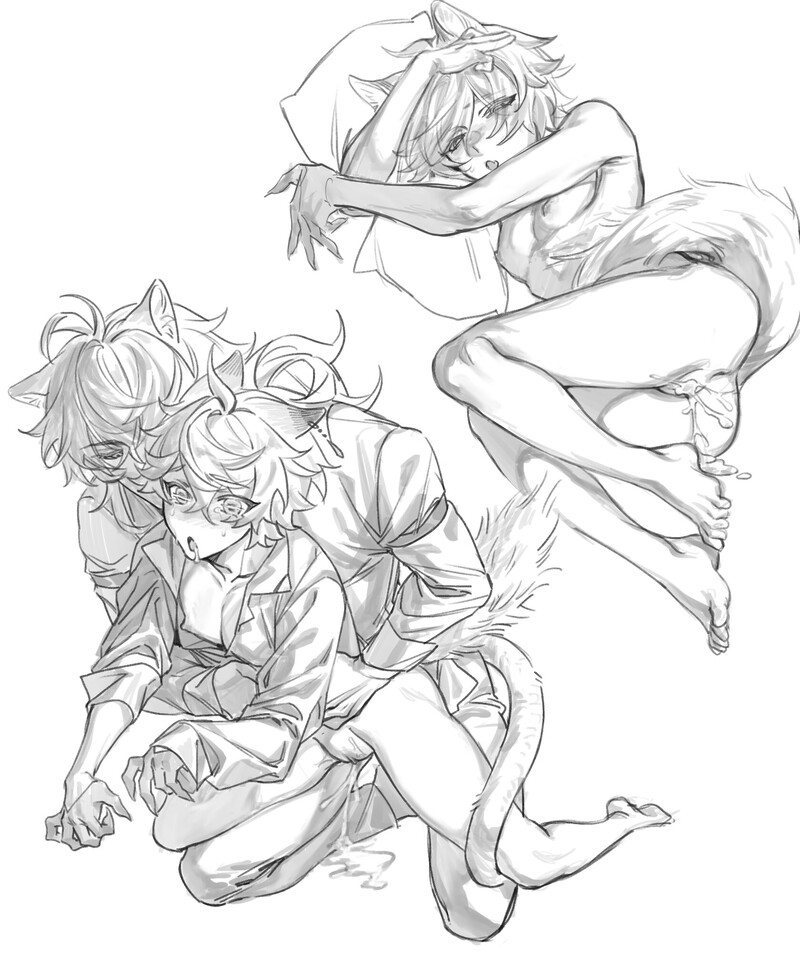 this is a drawing of two anime girls. the one in the foreground is in a sitting position with her arms around the other girl who is in a sleeping position. both have catlike features and tails.